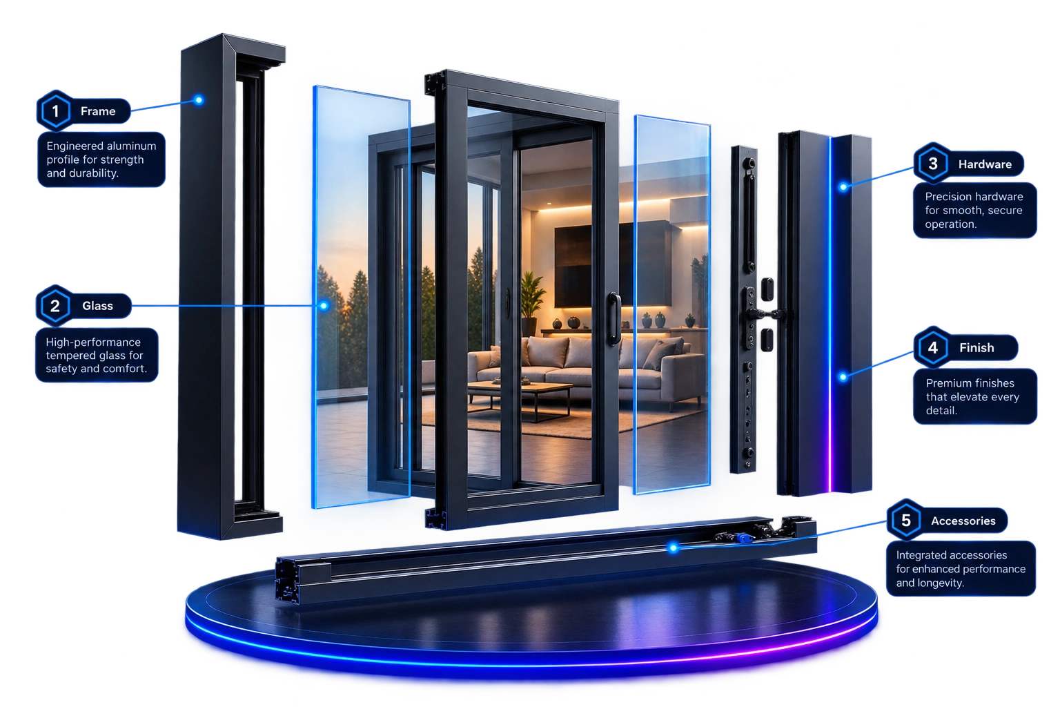 Exploded 3D window model showing frame, glass, hardware, finishes, and accessories prepared for configuration