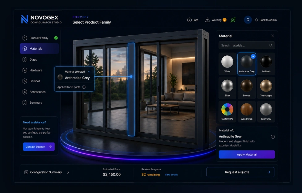 NOVOGEX window configurator showing material selection and a live 3D product preview